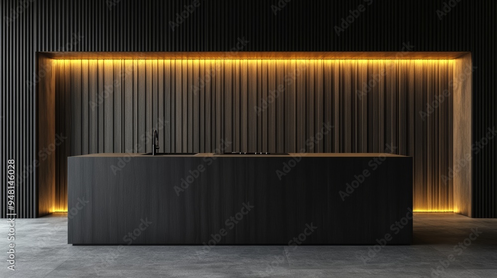 The home interior interior design background has black and dark wooden furniture with stylish color scheme and material arrangement, generating a kitchen in daylight, based on stock The home interior interior design background has black and dark wooden furniture with stylish color scheme and material arrangement, generating a kitchen in daylight, based on stock