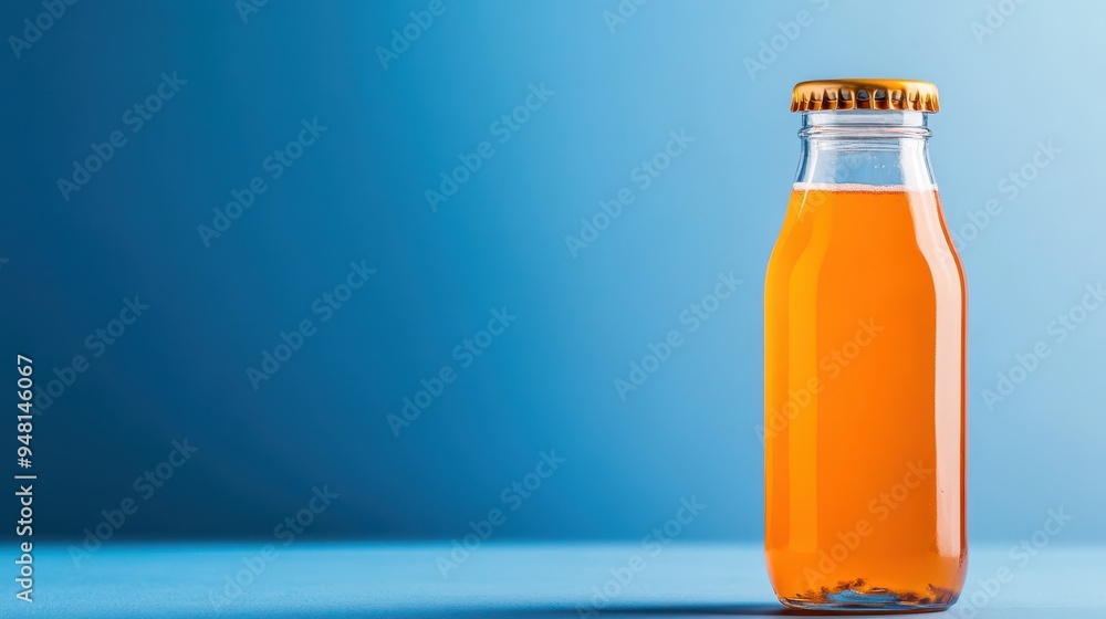 A vibrant orange drink in a glass bottle, showcasing freshness and vitality against a striking blue background. A vibrant orange drink in a glass bottle, showcasing freshness and vitality against a striking blue background.