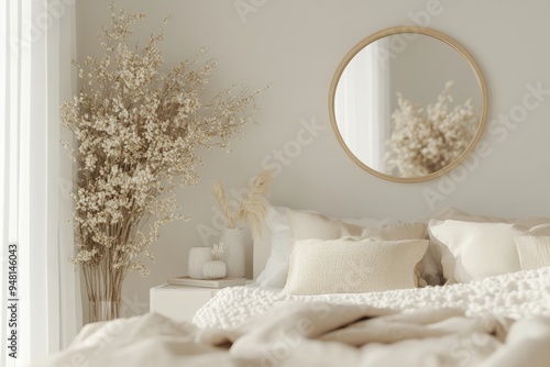 Mock-up of a Japanese bedroom in white and bleached colors with a cushioned bed.