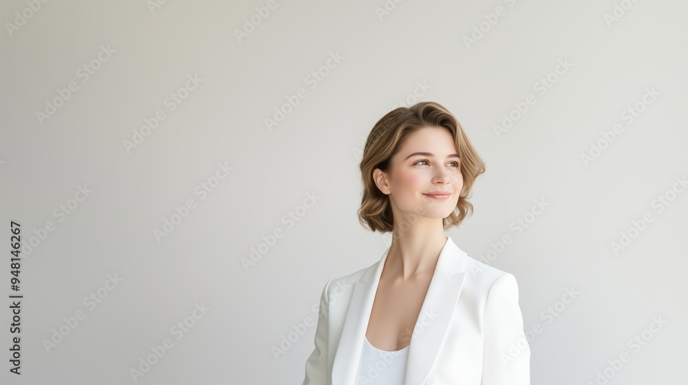 Portrait of a young Caucasian woman with short, light hair, smiling and looking sideways. She is dressed in a white blazer against a soft, neutral background. Portrait of a young Caucasian woman with short, light hair, smiling and looking sideways. She is dressed in a white blazer against a soft, neutral background.