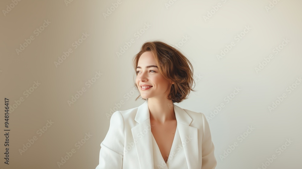 Portrait of a young Caucasian woman with short brown hair, smiling while looking away, dressed in a white blazer. The background is light and neutral. Portrait of a young Caucasian woman with short brown hair, smiling while looking away, dressed in a white blazer. The background is light and neutral.