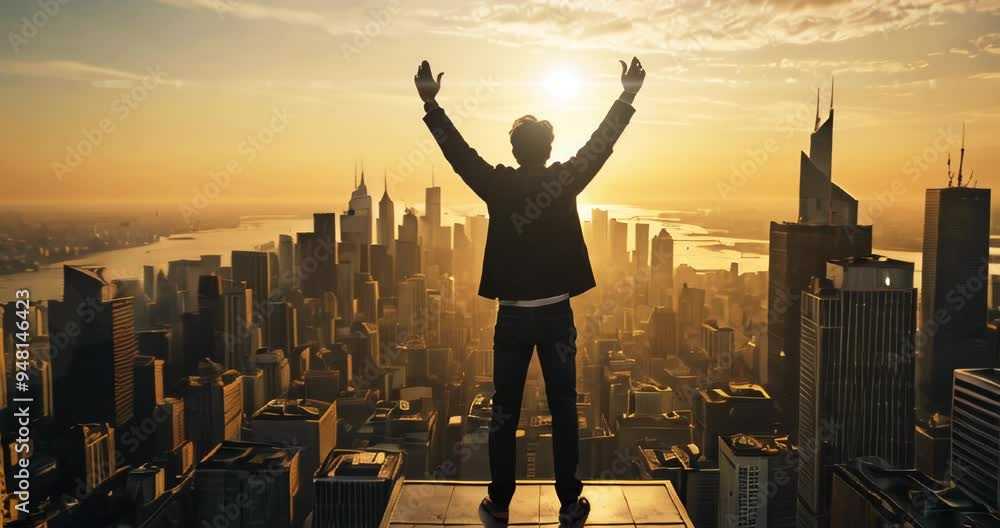 Young successful businessman standing on the rooftop of a skyscraper, gazing at the metropolis skyline. Business Concept. Young successful businessman standing on the rooftop of a skyscraper, gazing at the metropolis skyline. Business Concept.