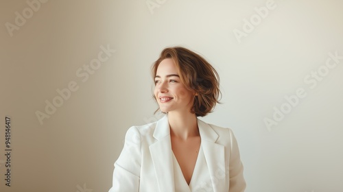 Portrait of a young Caucasian woman with short brown hair, smiling while looking away, dressed in a white blazer. The background is light and neutral.