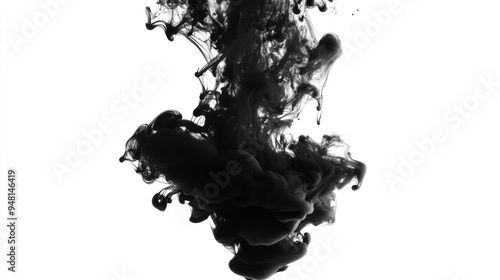 Abstract black ink swirling in water, creating dynamic shapes and textures against a bright white background.