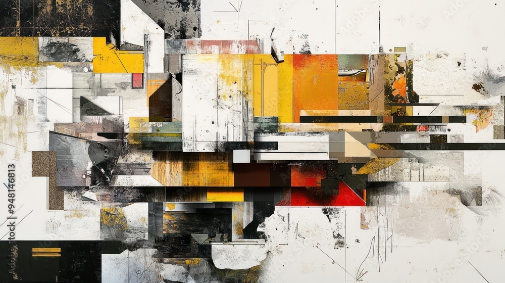 An abstract composition featuring geometric shapes in vibrant yellows and reds, creating a dynamic interplay of textures and lines. An abstract composition featuring geometric shapes in vibrant yellows and reds, creating a dynamic interplay of textures and lines.