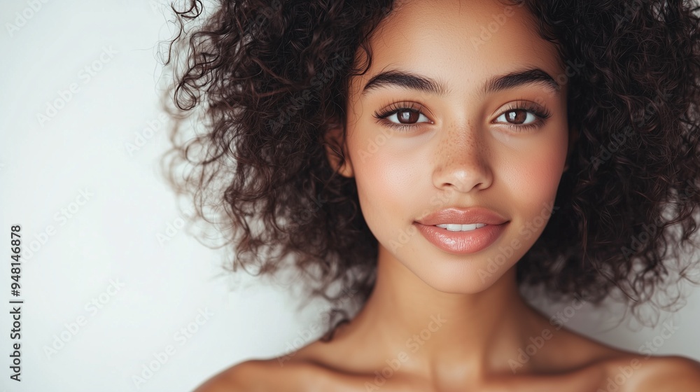 Close up studio shot of beautiful young mixed race woman model with curly dark hair looking at camera with charming cute smile while posing against white blank copy space wall for your content. Close up studio shot of beautiful young mixed race woman model with curly dark hair looking at camera with charming cute smile while posing against white blank copy space wall for your content.
