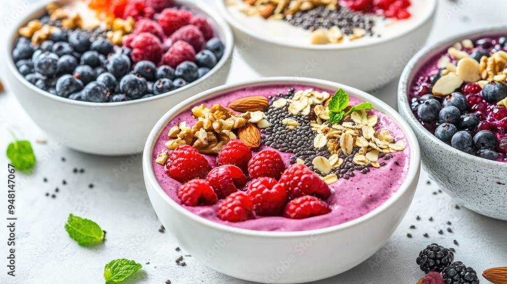 Freshly prepared smoothie bowls topped with berries, nuts, and seeds, arranged beautifully on a bright, clean surface, emphasizing vibrant and healthy eating. Freshly prepared smoothie bowls topped with berries, nuts, and seeds, arranged beautifully on a bright, clean surface, emphasizing vibrant and healthy eating.
