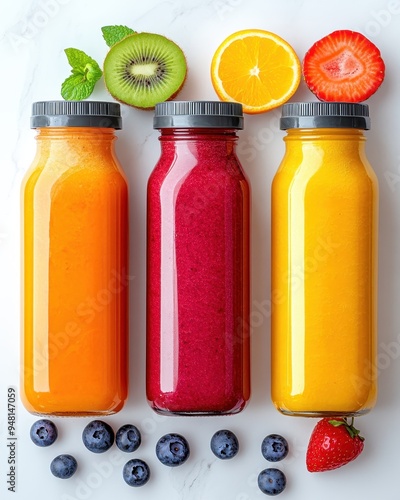 Colorful and fresh smoothies in glass jars, garnished with fruits for a healthy lifestyle and vibrant meal option.