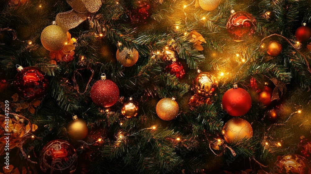 Holiday background showcasing a Christmas tree with an array of decorations, including baubles, tinsel, and lights, creating a joyful and festive atmosphere. Holiday background showcasing a Christmas tree with an array of decorations, including baubles, tinsel, and lights, creating a joyful and festive atmosphere.