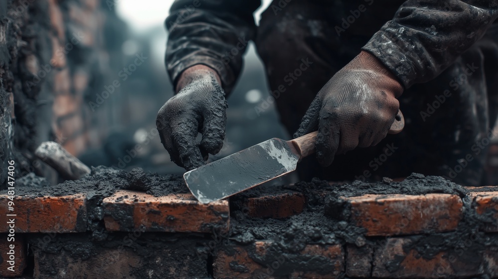 Professional worker using pan knife for building brick walls with cement and mortar. Professional worker using pan knife for building brick walls with cement and mortar.