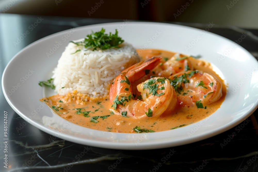 Delicious shrimp curry served with fluffy white rice on a plate at a cozy restaurant Delicious shrimp curry served with fluffy white rice on a plate at a cozy restaurant
