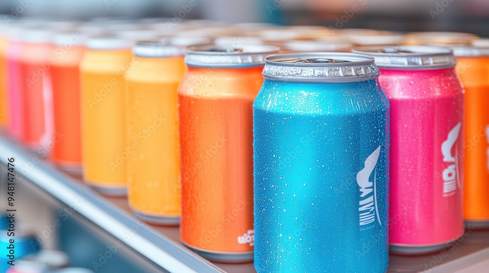 Colorful cans of refreshing beverages arranged neatly on a shelf, perfect for summer or party themes. Colorful cans of refreshing beverages arranged neatly on a shelf, perfect for summer or party themes.