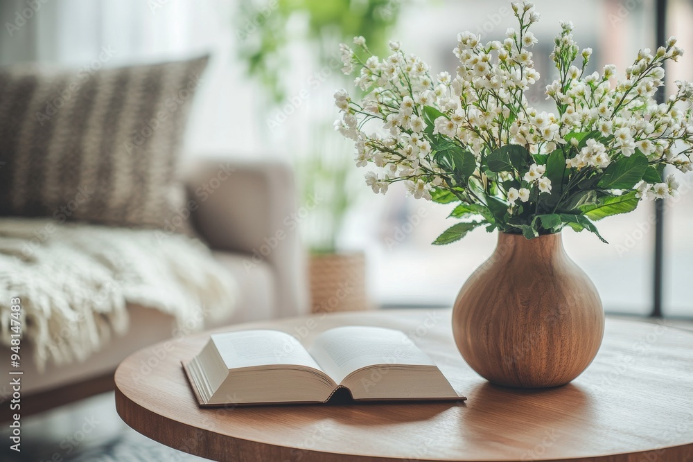 The living room of a minimalist home is decorated with ceramic vase with blossom twigs against a wood coffee table in front of a grey couch with a window in the background. The living room of a minimalist home is decorated with ceramic vase with blossom twigs against a wood coffee table in front of a grey couch with a window in the background.