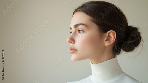 Side profile of a young woman with a bun, wearing a white high-neck top, set against a soft, neutral background.