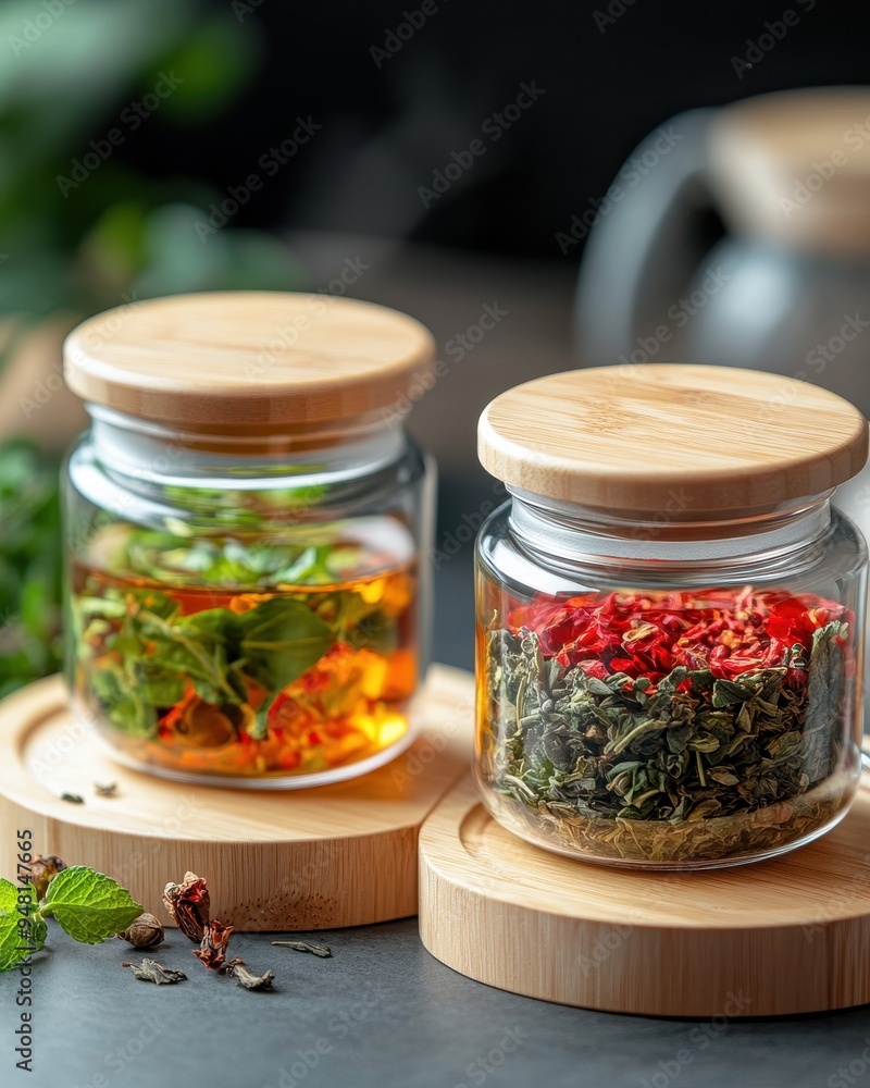 Colorful jars filled with herbs and spices, beautifully arranged on wooden coasters, enhancing a cozy kitchen atmosphere.