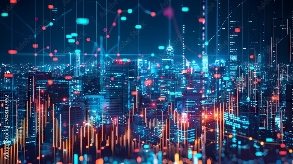 Naklejka premium Abstract Digital Finance Charts and Graphs Overlaying Cityscape Symbolizing Market Trends and