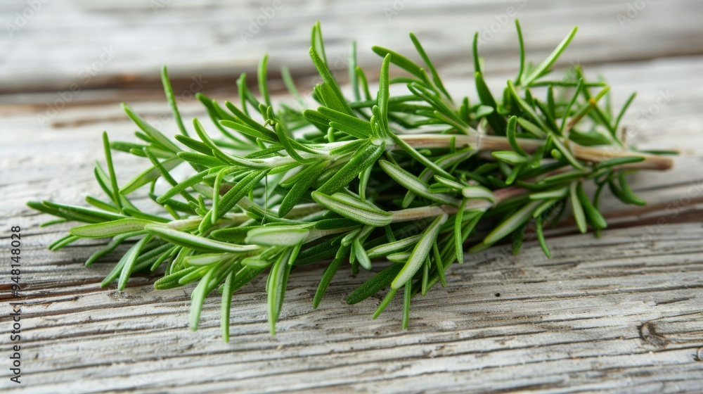 Fresh rosemary with visible texture and vibrant green color laid on a light wooden background Fresh rosemary with visible texture and vibrant green color laid on a light wooden background
