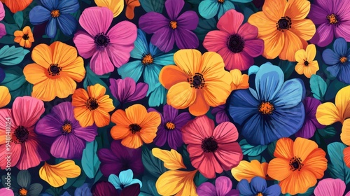 Wallpaper Mural A vibrant floral pattern featuring colorful flowers in shades of purple, orange, and blue, creating a lively and cheerful ambiance. Torontodigital.ca