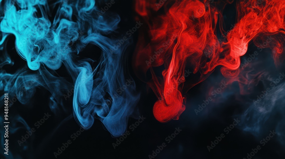 Vibrant blue and red smoke intertwining against a dark backdrop, creating a dynamic and artistic visual display. Vibrant blue and red smoke intertwining against a dark backdrop, creating a dynamic and artistic visual display.