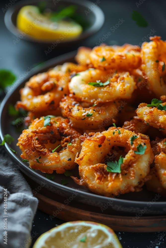 Golden fried shrimp garnished with herbs and served on a rustic plate with lemon wedges in a cozy kitchen setting Golden fried shrimp garnished with herbs and served on a rustic plate with lemon wedges in a cozy kitchen setting