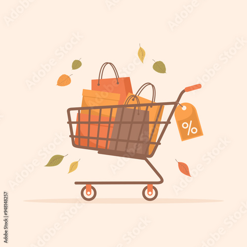 Shopping cart full of shopping bags and boxes with a falling autumn leaves around. Autumn sale banner. Flat vector illustration
