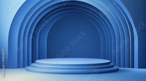 A serene blue stage with layered arches, creating a calming atmosphere perfect for presentations or performances.