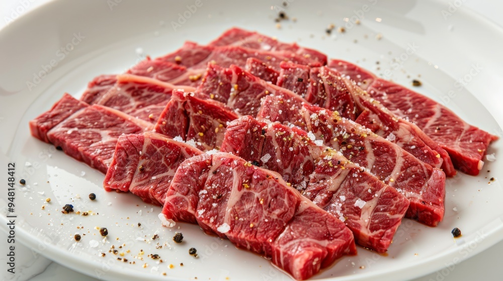 Freshly cut beef slices arranged neatly on a white plate, with a sprinkle of coarse salt and a hint of black pepper. Freshly cut beef slices arranged neatly on a white plate, with a sprinkle of coarse salt and a hint of black pepper.