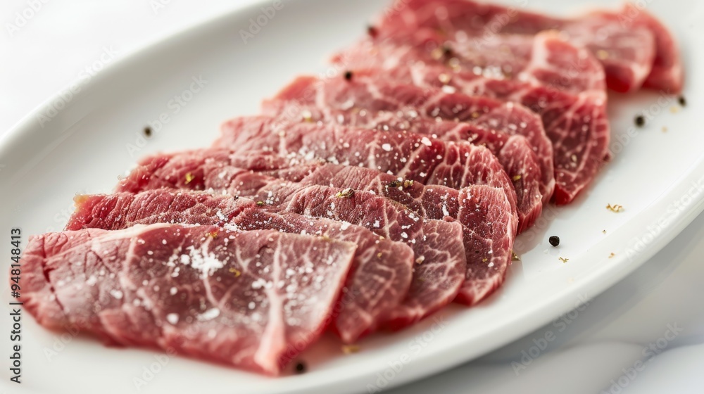 Freshly cut beef slices arranged neatly on a white plate, with a sprinkle of coarse salt and a hint of black pepper. Freshly cut beef slices arranged neatly on a white plate, with a sprinkle of coarse salt and a hint of black pepper.