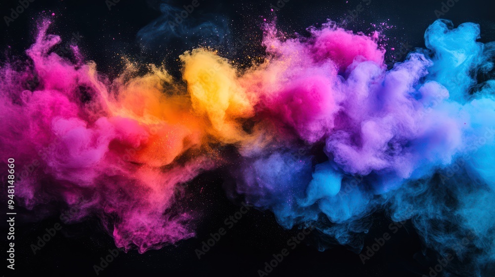 Vibrant clouds of colorful powder in shades of pink, orange, and purple contrasting against a dark background. Vibrant clouds of colorful powder in shades of pink, orange, and purple contrasting against a dark background.