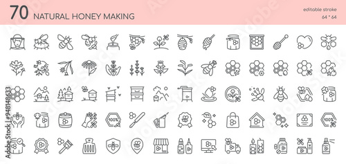 Natural Honey Making Icons Set. Collection of 70 Editable Vector Icons Elements of Raw Honey Production, Including Beehives, Honeycombs, Bees, Tools, Beekeeping and Organic Honey Farm Practices.