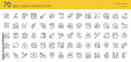 Bee Honey Production Icons Set. 70 Editable Vector Icons, Various Aspects of Beekeeping and Honey Production, Apiary Business, Beehives, Honeycombs, Bees, Honey Jars, Beekeeper Equipment, Flowers.