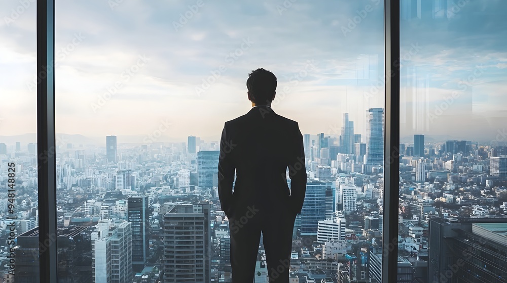 Businessman Observing Cityscape Through Window,Symbolizing Vision and Leadership Businessman Observing Cityscape Through Window,Symbolizing Vision and Leadership