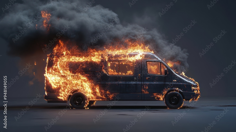 A burning van surrounded by thick black smoke, illustrating chaos and destruction. A burning van surrounded by thick black smoke, illustrating chaos and destruction.