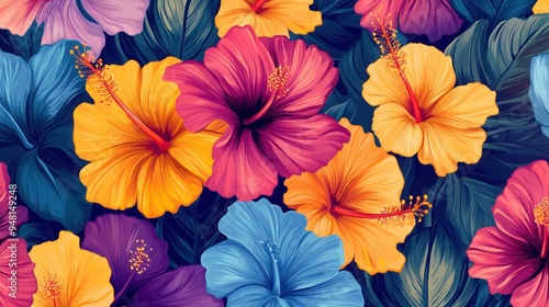 Wallpaper Mural A vibrant arrangement of multicolored hibiscus flowers in shades of pink, yellow, and blue against dark green foliage. Torontodigital.ca