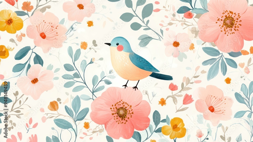 Fototapeta premium A charming bluebird perched among delicate pink and yellow flowers, creating a serene and joyful atmosphere.