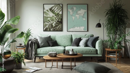 Stylish scandinavian living room interior with design mint sofa furnitures mock up poster map plants and elegant personal accessories. home decor. interior design. template. ready to use.