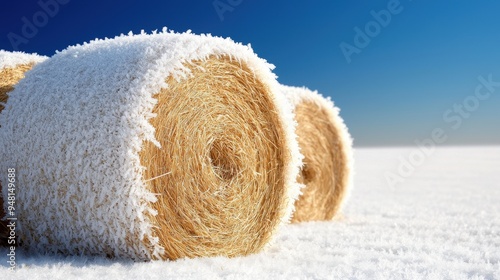 Frost covered hay bales in a field with a stunning and vivid texture photo