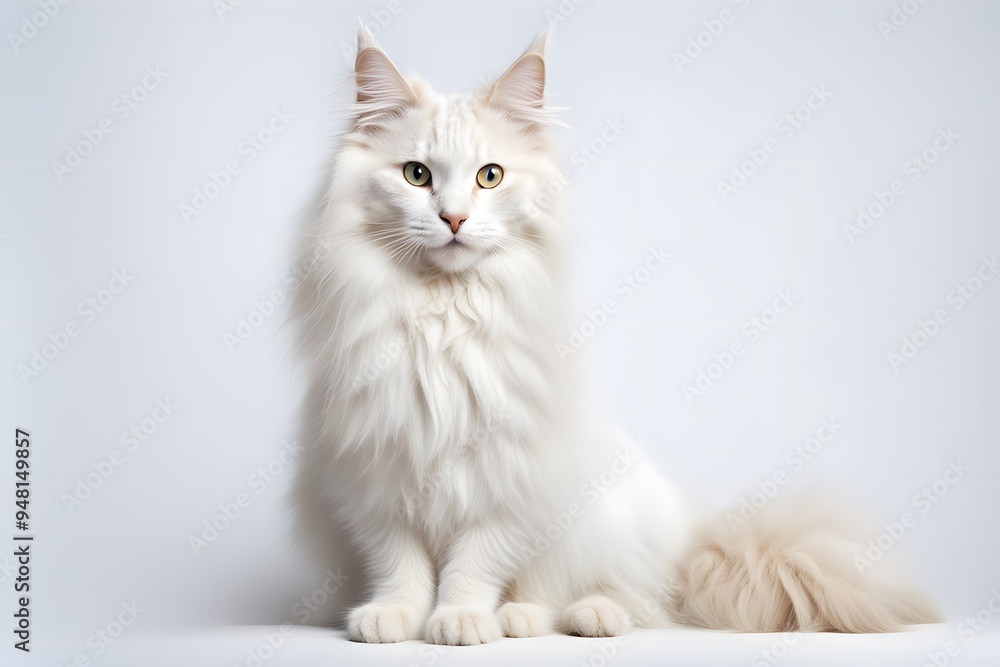 A fluffy turkish angora cat with long white fur and odd colored eyes sitting gracefully on a white, AI Generated A fluffy turkish angora cat with long white fur and odd colored eyes sitting gracefully on a white, AI Generated