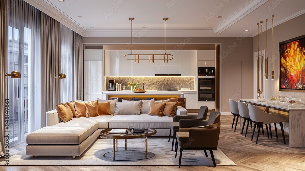 Fototapeta premium Luxurious interior design living room and white kitchen. open plan interior.