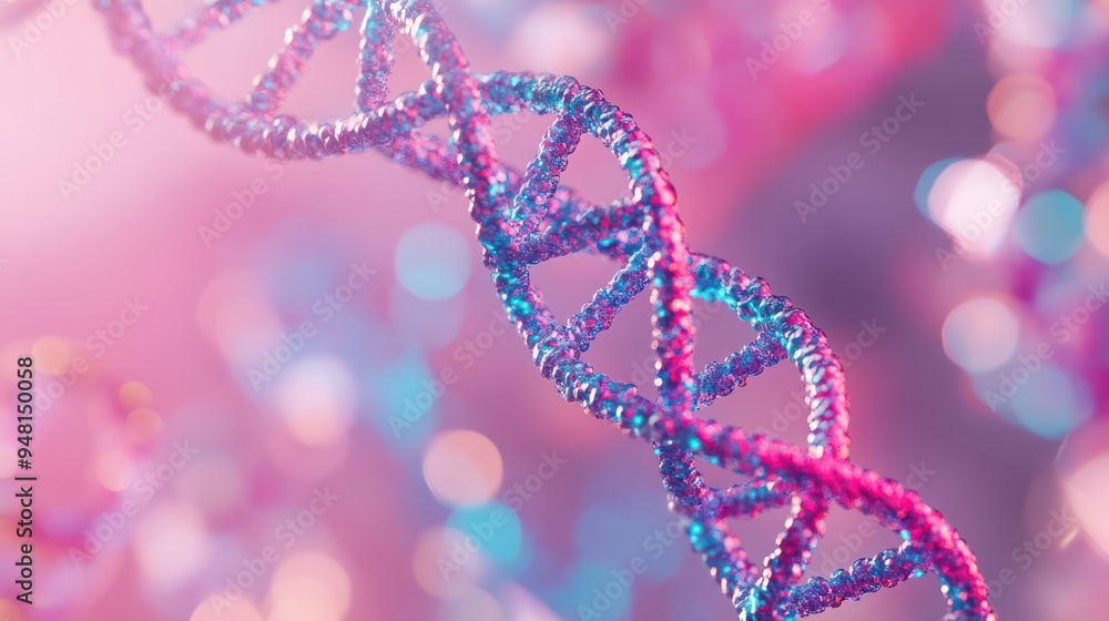 Close-up of a shimmering DNA double helix with vibrant pink and blue hues, set against a blurred bokeh background. Close-up of a shimmering DNA double helix with vibrant pink and blue hues, set against a blurred bokeh background.
