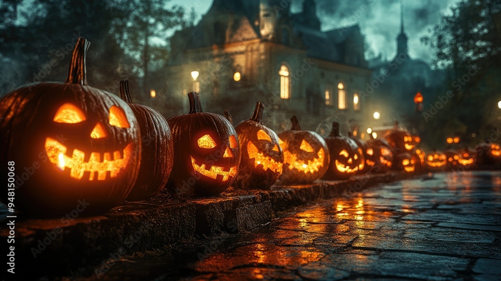 Spooky Halloween festival scene with a collection of jack-o'-lanterns lined up against a backdrop of historic architecture, illuminated by eerie light. Spooky Halloween festival scene with a collection of jack-o'-lanterns lined up against a backdrop of historic architecture, illuminated by eerie light.
