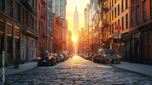 New york city manhattan soho street at sunset time background.