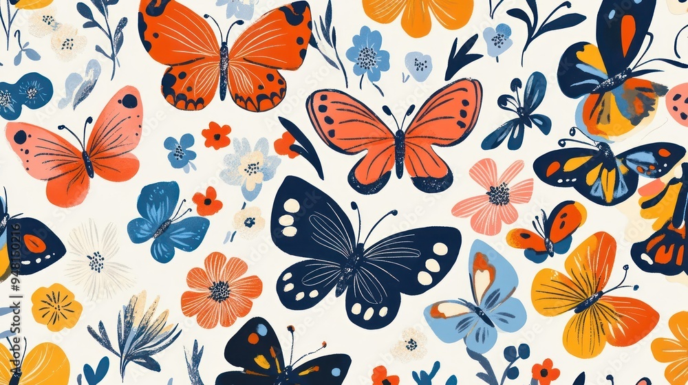 Colorful illustration of various butterflies and flowers in vibrant hues on a light background. Colorful illustration of various butterflies and flowers in vibrant hues on a light background.