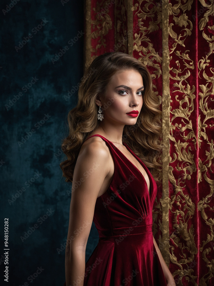 Fototapeta premium A young woman in a red evening gown, posing dramatically against a luxurious velvet backdrop.