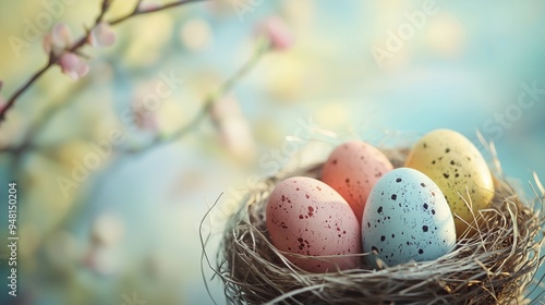 Happy easter day decoration colorful eggs in nest on paper background with copy space. photo