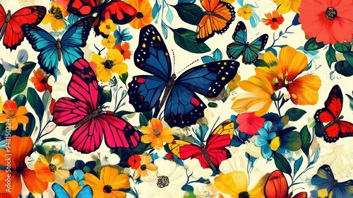 A vibrant array of colorful butterflies resting among blooming flowers, creating a lively and enchanting garden scene. photo