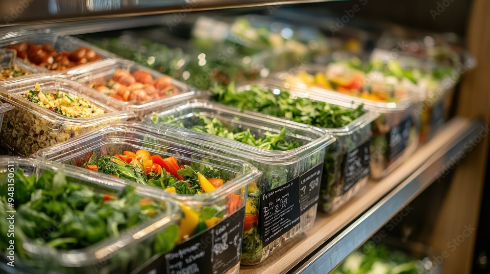 Sustainable packaging for organic salad kits, using compostable materials and clear labeling, displayed in a refrigerated section. Sustainable packaging for organic salad kits, using compostable materials and clear labeling, displayed in a refrigerated section.