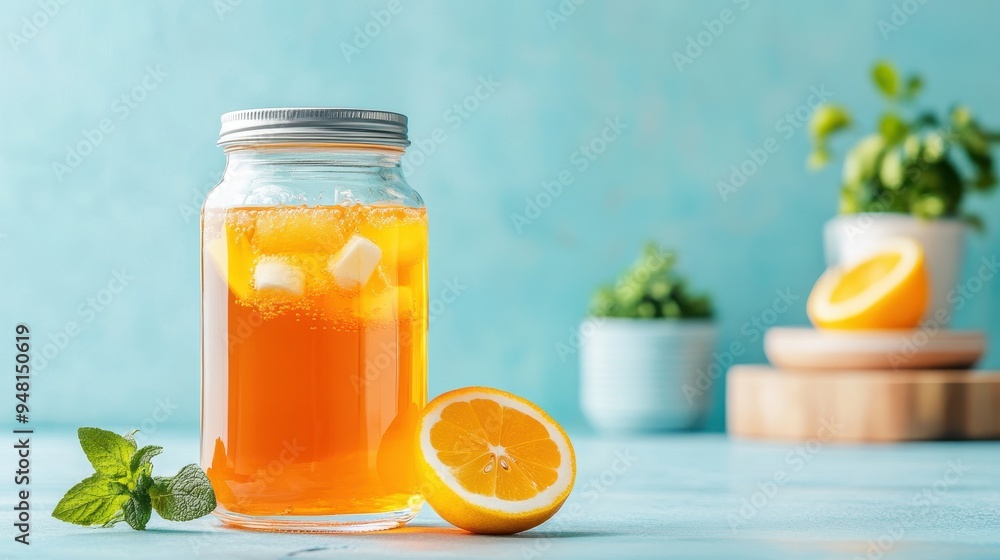 Refreshing iced tea served in a jar with lemon slices, mint leaves, and a bright blue background for a vibrant summer vibe. Refreshing iced tea served in a jar with lemon slices, mint leaves, and a bright blue background for a vibrant summer vibe.