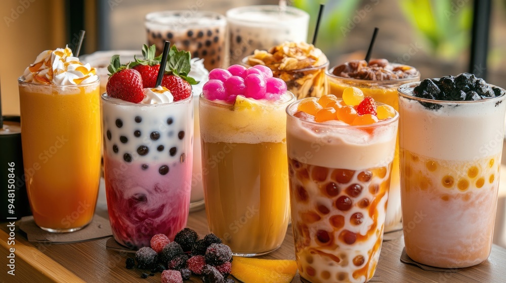 A table filled with different bubble tea drinks, with various toppings like jelly and fruit. A table filled with different bubble tea drinks, with various toppings like jelly and fruit.