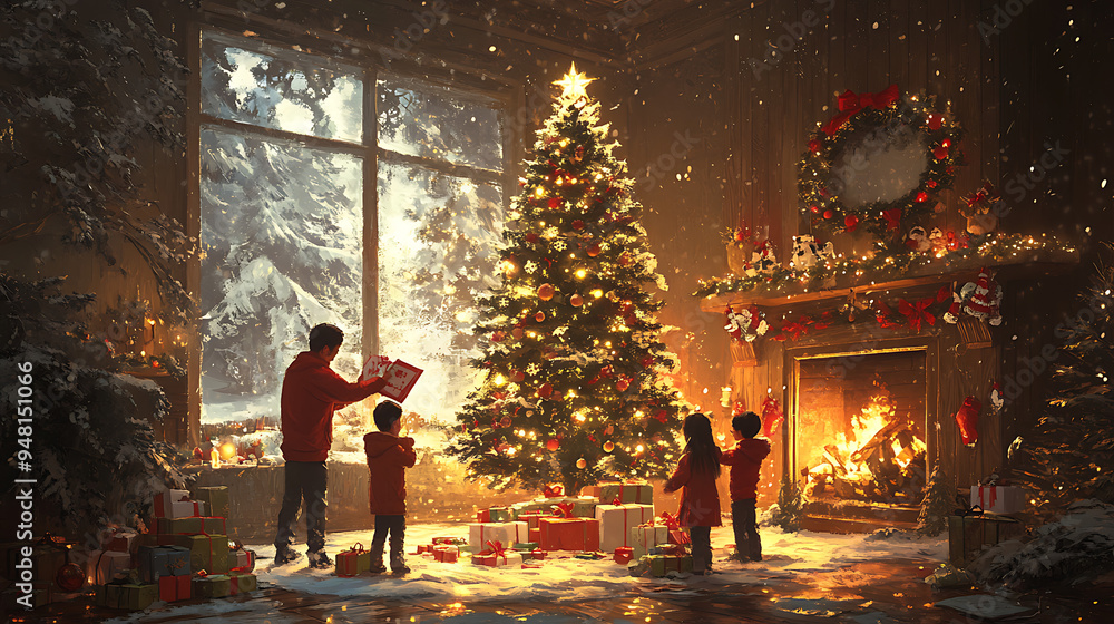 A family is gathered around a Christmas tree, with a man opening a present for a child. Scene is warm and festive, as the family enjoys the holiday season together A family is gathered around a Christmas tree, with a man opening a present for a child. Scene is warm and festive, as the family enjoys the holiday season together